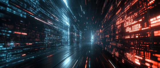 Fototapete - Abstract Data Stream Tunnel Perspective View of Digital Information Flowing in a Cyber Network with Blue and Red Lights