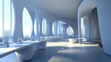Aufkleber - Modern architecture interior design with large windows and white furniture in a futuristic style office space