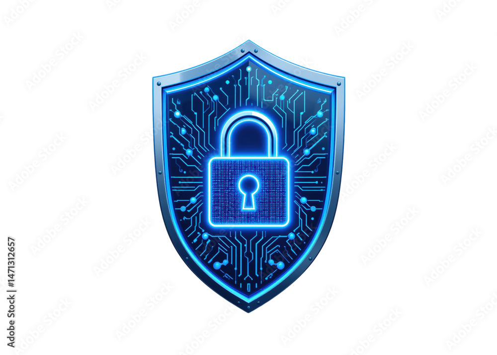 Blue glowing shield with circuit pattern and lock icon, isolated on ...
