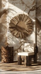 Poster - Luxurious Interior Scene Featuring Chair, Table, and Wall Decor in Natural Light; Warm Tones, Elegant Design, Studio Shot