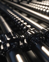 Poster - Close up of shiny metal gears and rods in dark industrial machinery abstract view of mechanical parts