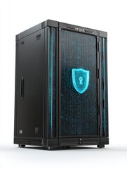 Aufkleber - Secure server rack with glowing shield and circuit board pattern on white background studio shot cybersecurity concept