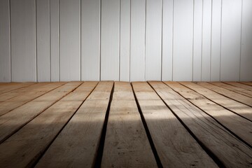 Aufkleber - Rustic wooden floorboards and white painted wall background in studio shot for product photography or interior design mockups