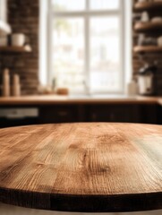 Aufkleber - Rustic kitchen interior with wooden table top for product placement or food photography in a warm and inviting setting