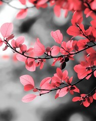 Poster - Vibrant pink leaves on branches against a blurred grayscale background nature scene close up botanical beauty