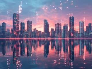 Poster - Futuristic Cityscape Reflection on Water at Sunset with Data Stream Overlay Digital Art