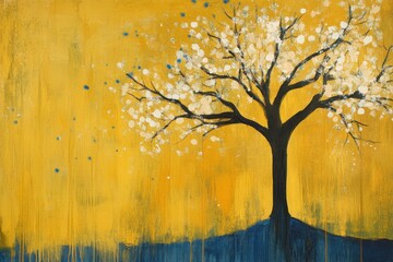Poster - Abstract acrylic painting of blossoming tree on yellow background with blue base artistic expression