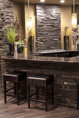 Poster - Interior design of modern kitchen bar with stone wall and stools, eye-level view, home decor