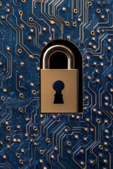 Fototapete - Golden Padlock Securing a Blue Circuit Board Overhead Shot of Data Protection and Cybersecurity