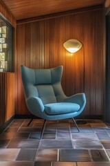 Fototapete - Cozy teal armchair in wood paneled room with floor lamp interior design home decor