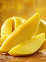 Aufkleber - Close up of sliced mango fruit on wooden surface studio shot vibrant tropical still life yellow background