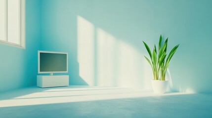 Aufkleber - Minimalist interior with television and plant in sunlight studio shot in turquoise room