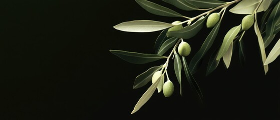 Poster - Olive branch detail on dark backdrop, close up studio shot of green leaves and unripe olives for oil production