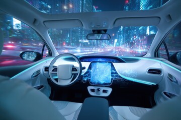 Aufkleber - Autonomous Car Interior Driving Through Futuristic City at Night Driverless Vehicle Technology Concept Eye Level Shot
