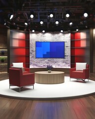 Aufkleber - Modern Television Studio Set with Armchairs and Round Table Interior Design for Talk Show Production