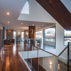 Leinwandbilder - Contemporary home interior with glass railing overlooking living room with chandelier and wood floors modern design