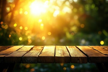 Aufkleber - Wooden Tabletop in Golden Sunlight Background for Product Display or Mockup Rustic Style Outdoors