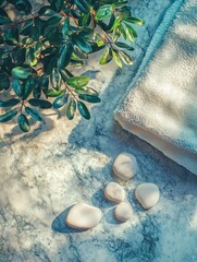 Poster - Spa scene featuring smooth stones towel and green foliage on marble surface top down view relaxation and wellness