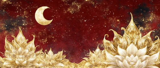 Poster - Golden Lotus Blooms Under Crescent Moon in Deep Red Sky Artistic Illustration Elegant Dreamy Celestial Scene