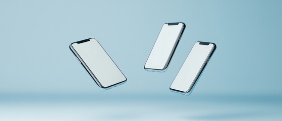 Leinwandbilder - Three Floating Smartphones Mockups with Blank White Screens on Light Blue Background for App Design Showcase