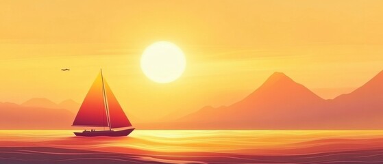 Poster - Sailing at Sunset Abstract Minimalist Style Illustration of Boat on Water with Mountain View