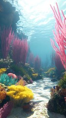 Poster - Underwater Coral Reef Garden Scene with Colorful Marine Life and Sandy Bottom in Tropical Ocean Environment