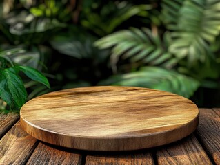 Aufkleber - Wooden round platform on rustic table in tropical garden setting product display background