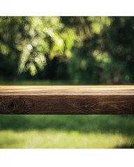 Aufkleber - Rustic Wooden Tabletop Against a Blurred Green Background Outdoors in Summer for Product Display or Mockup