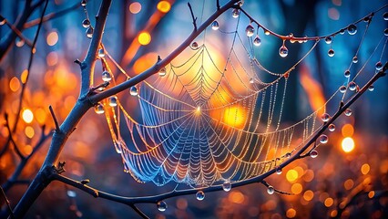 Stunning spiderweb adorned with dew drops illuminated by golden bokeh lights