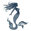© Perfect Vector - Elegant silhouette of graceful mermaid with flowing hair and detailed fish scales aquatic fantasy mythical sea creature vector illustration
