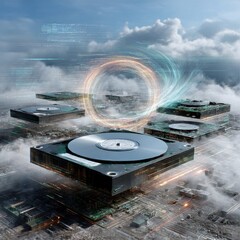 Fototapete - Data Storage in the Cloud: A Visual Metaphor for Cloud Computing and Digital Transformation with HDD Components