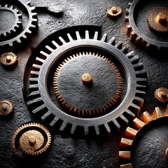 Fototapete - Mechanical Gears Arrangement on Dark Surface: A Detailed Close-Up of Cogwheels and Components