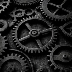 Fototapete - Monochrome Gears: A Detailed Look at Interlocking Cogwheels and their Textured Surfaces in a Mechanical Arrangement