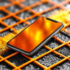 Leinwandbilder - Orange Glow: Smartphone on a Textured Grate, Highlighting Technology and Modern Design with Abstract Appeal.