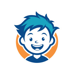 Poster - Vector illustration of a smiling boy with stylish hair in a circular frame, featuring a vibrant teal background and simple design elements for use in various graphic applications