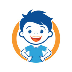 Poster - Vector illustration of a smiling boy with stylish hair in a circular frame, featuring a vibrant teal background and simple design elements for use in various graphic applications