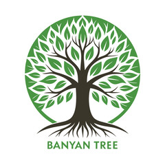 Poster - Vector illustration of a stylized banyan tree logo with green leaves and brown trunk and roots for branding and design purposes