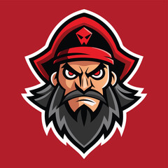 Poster - Bold pirate mascot vector illustration featuring a fierce captain with a distinct cap and rebellious expression on a bright blue background