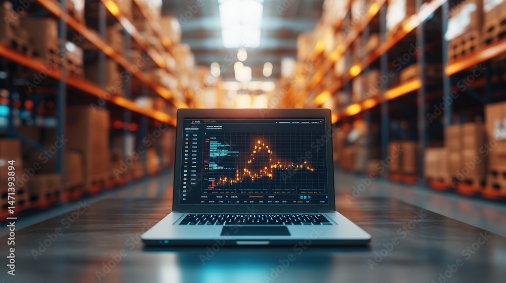 Laptop displaying financial analytics in a warehouse environment ...