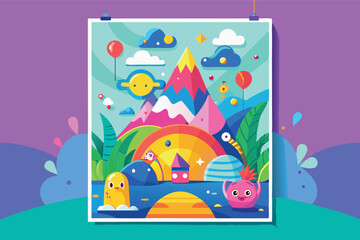 Poster - Colorful vector illustration showcasing a vibrant landscape with a rainbow, sun, and whimsical elements, perfect for creative projects and outdoor themes