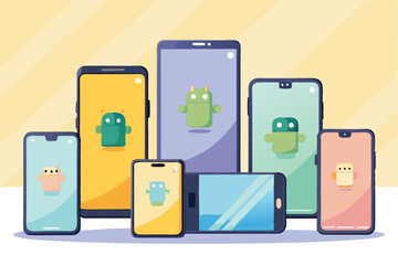 Poster - Colorful collection of mobile phone vector illustrations featuring various app interfaces on vibrant backgrounds