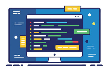 Poster - Vector illustration of a web browser displaying colorful code snippets on a dark background with abstract shapes and graphics