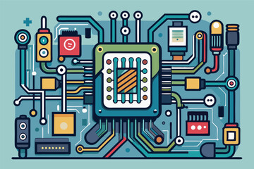 Leinwandbilder - Colorful vector illustration of a circuit board design featuring various electronic components and connections used in technology and engineering representations