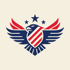 Poster - Vector illustration of a bold eagle logo featuring stars and stripes in a patriotic theme, perfect for branding or graphic design projects