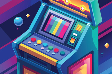 Aufkleber - Colorful retro arcade machine vector design featuring buttons and a screen against a vibrant cosmic background