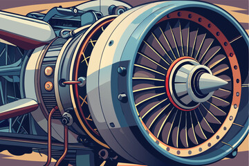 Poster - Vector illustration of a detailed aircraft turbine engine showcasing intricate design elements and mechanical components