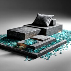 Poster - Modern Still Life: Textured Gray Blocks with Aquamarine Glass Shards Displaying Artistic Contrast
