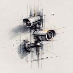 Poster - Sketch of Security Cameras on Wall: A Detailed Rendering of Surveillance Equipment