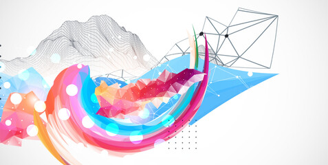Aufkleber - Abstract artwork with colorful waves, polygonal shapes and wireframe mountain. Vector