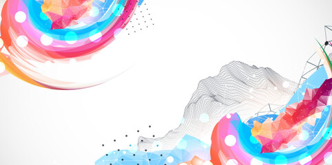 Aufkleber - Abstract artwork with colorful waves, polygonal shapes and wireframe mountain. Vector